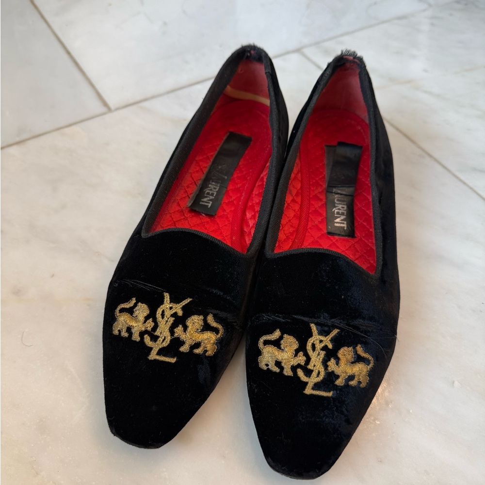 Vintage Yves Saint Laurent Black Velvet Loafers with Gold Embroidery